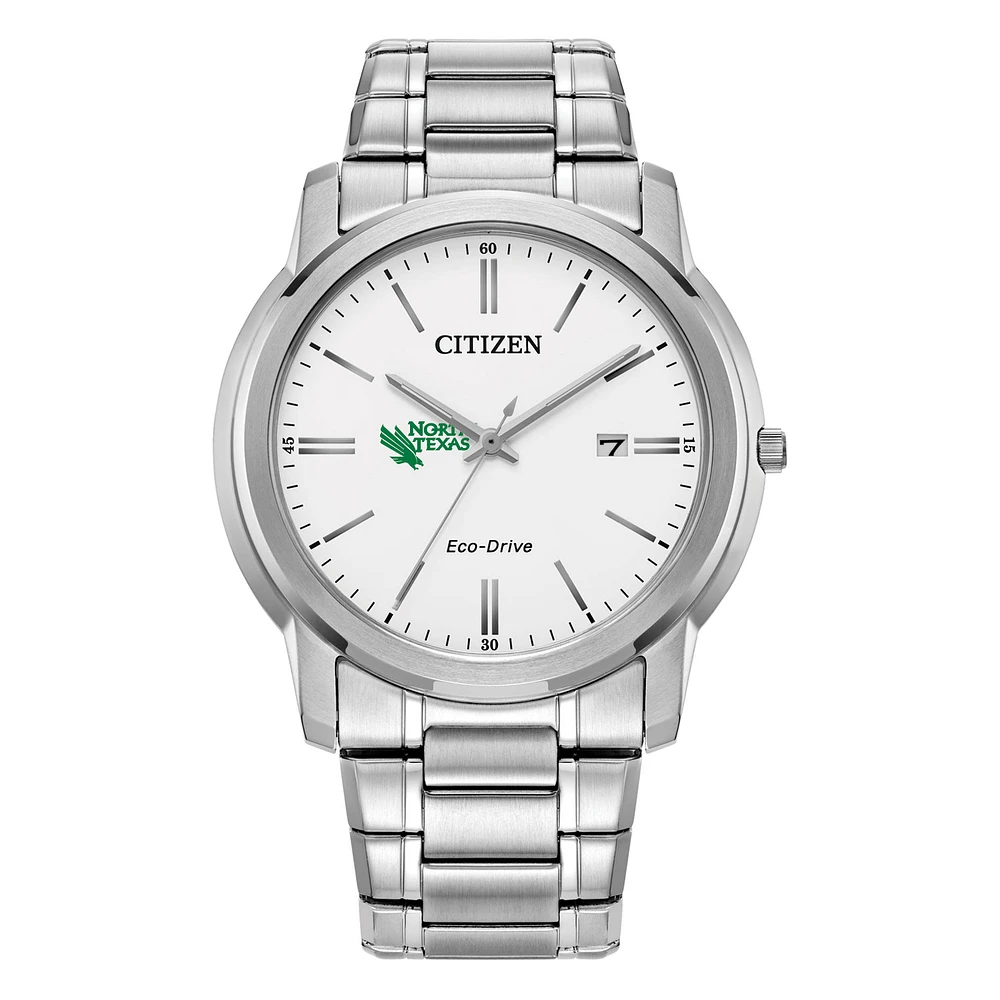Men's Citizen Watch Silver North Texas Mean Green Eco-Drive White Dial Stainless Steel Watch