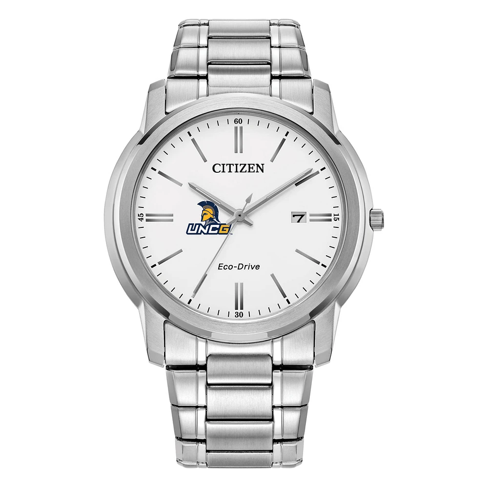 Men's Citizen Watch Silver UNCG Spartans Eco-Drive White Dial Stainless Steel Watch