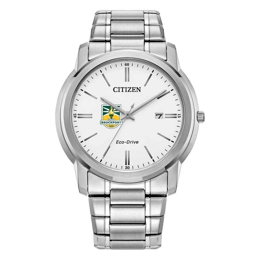 Men's Citizen Watch Silver SUNY Brockport Golden Eagles Eco-Drive White Dial Stainless Steel Watch