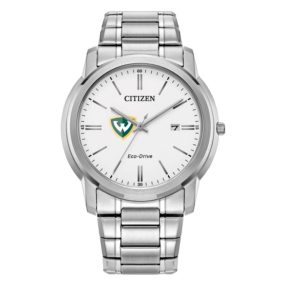 Men's Citizen Watch Silver Wayne State Warriors Eco-Drive White Dial Stainless Steel Watch
