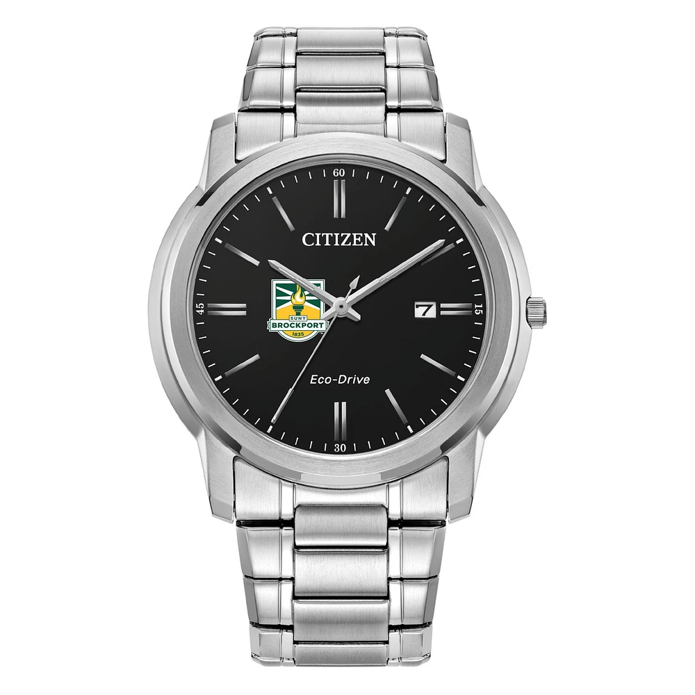 Men's Citizen Watch Silver SUNY Brockport Golden Eagles Eco-Drive Black Dial Stainless Steel Watch