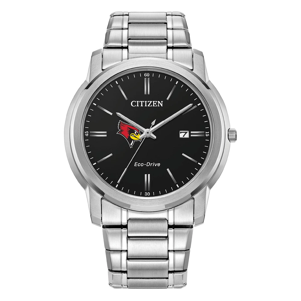 Men's Citizen Watch Silver Illinois State Redbirds Eco-Drive Black Dial Stainless Steel Watch