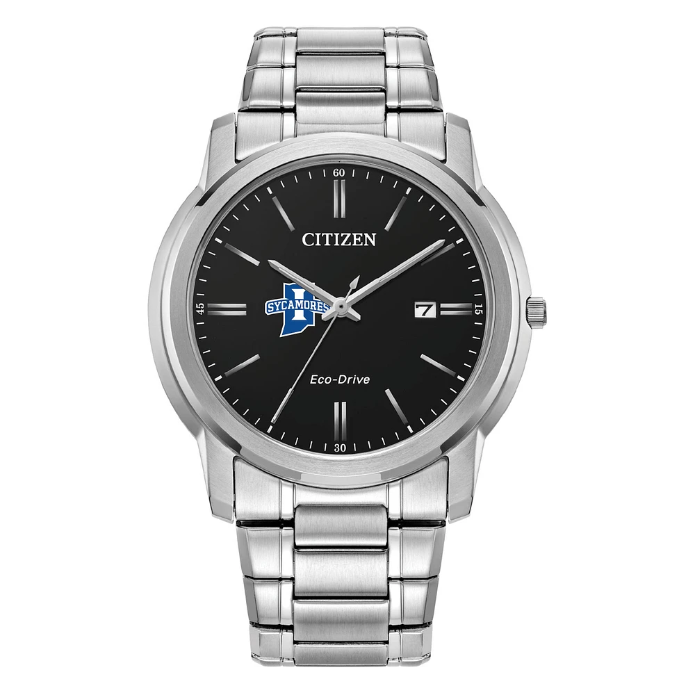 Men's Citizen Watch Silver Indiana State Sycamores Eco-Drive Black Dial Stainless Steel Watch