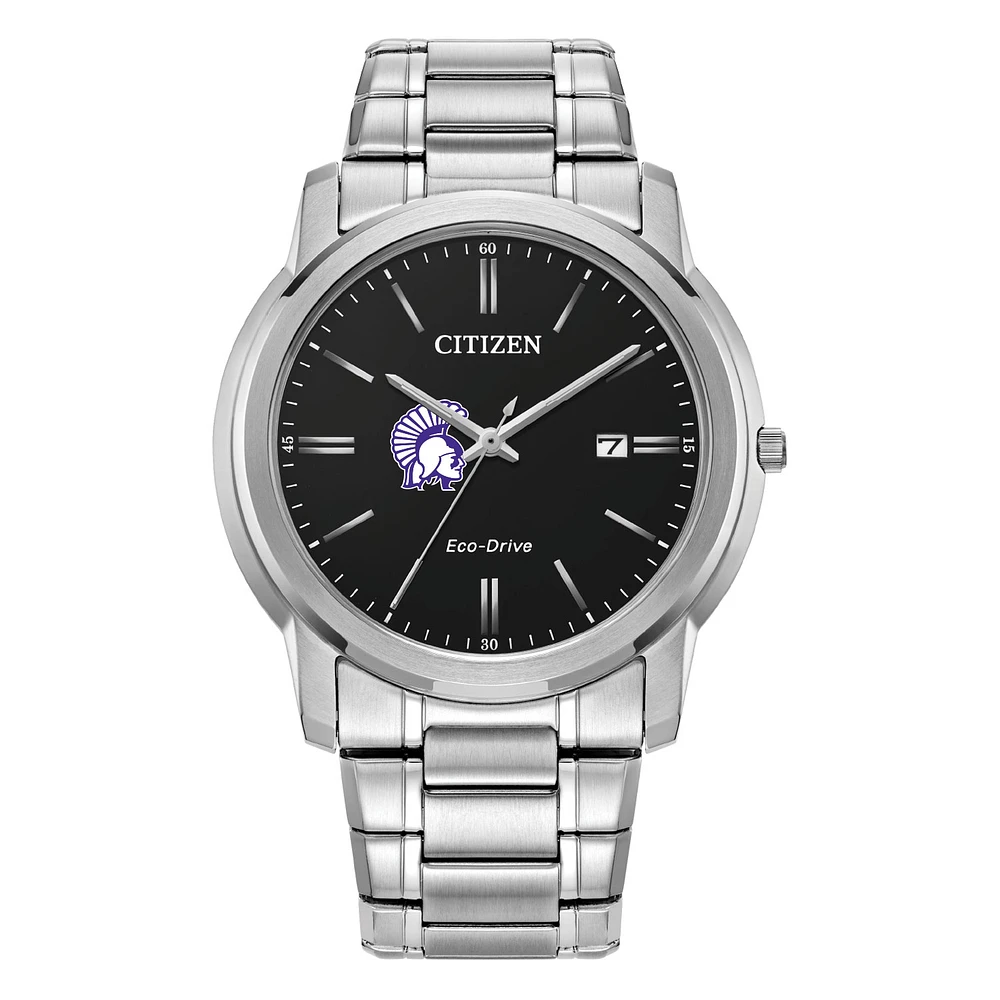 Men's Citizen Watch Silver Winona State Warriors Eco-Drive Black Dial Stainless Steel Watch