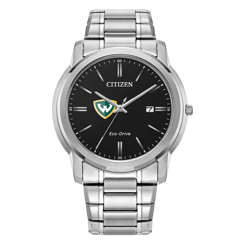 Men's Citizen Watch Silver Wayne State Warriors Eco-Drive Black Dial Stainless Steel Watch