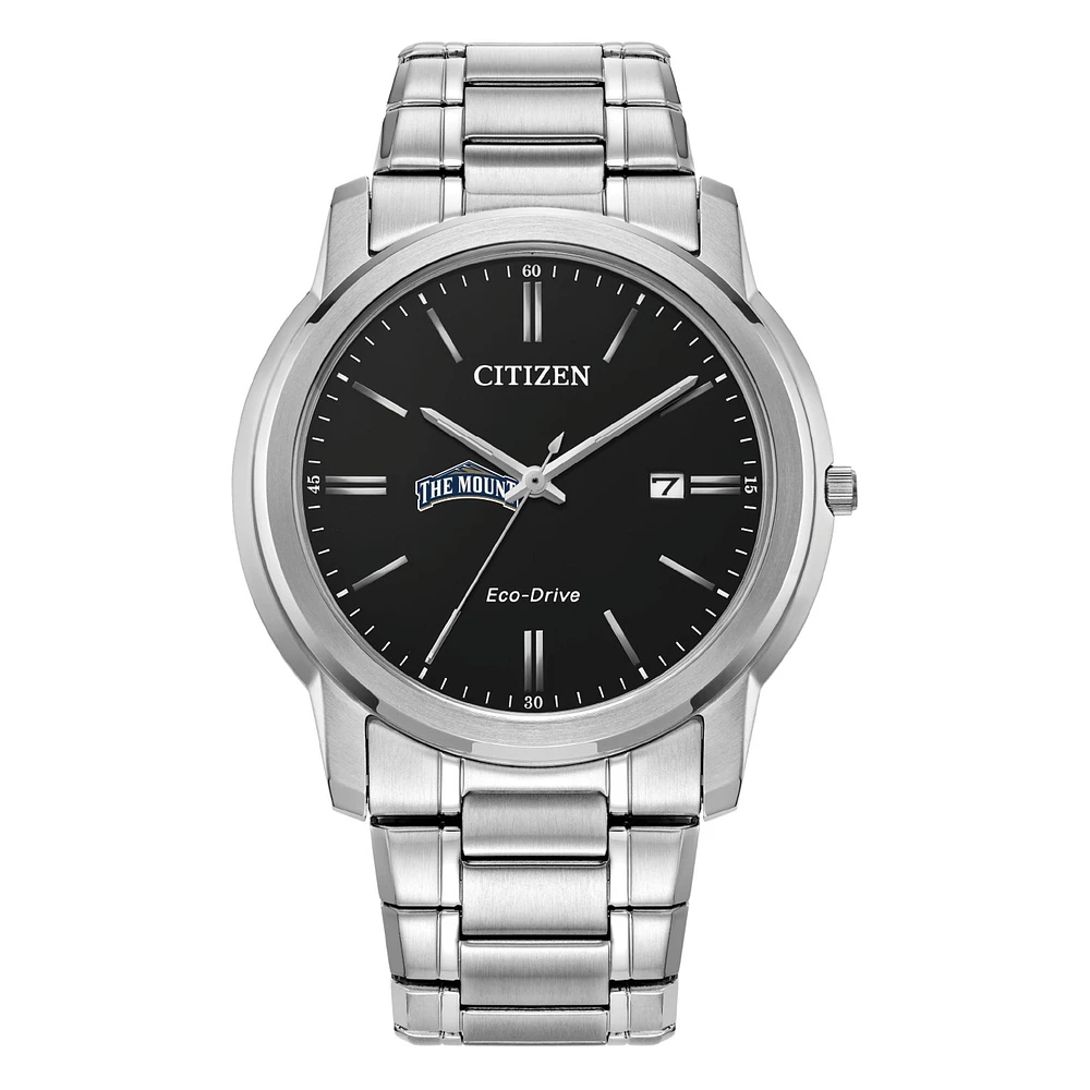 Men's Citizen Watch Silver Mount St. Mary's Mountaineers Eco-Drive Black Dial Stainless Steel Watch