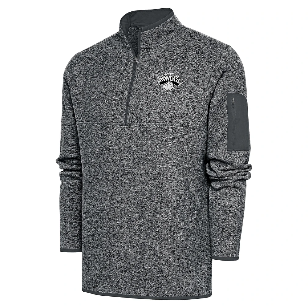 Men's Antigua Heather Gray New York Knicks Metallic Logo Fortune Quarter-Zip Jacket