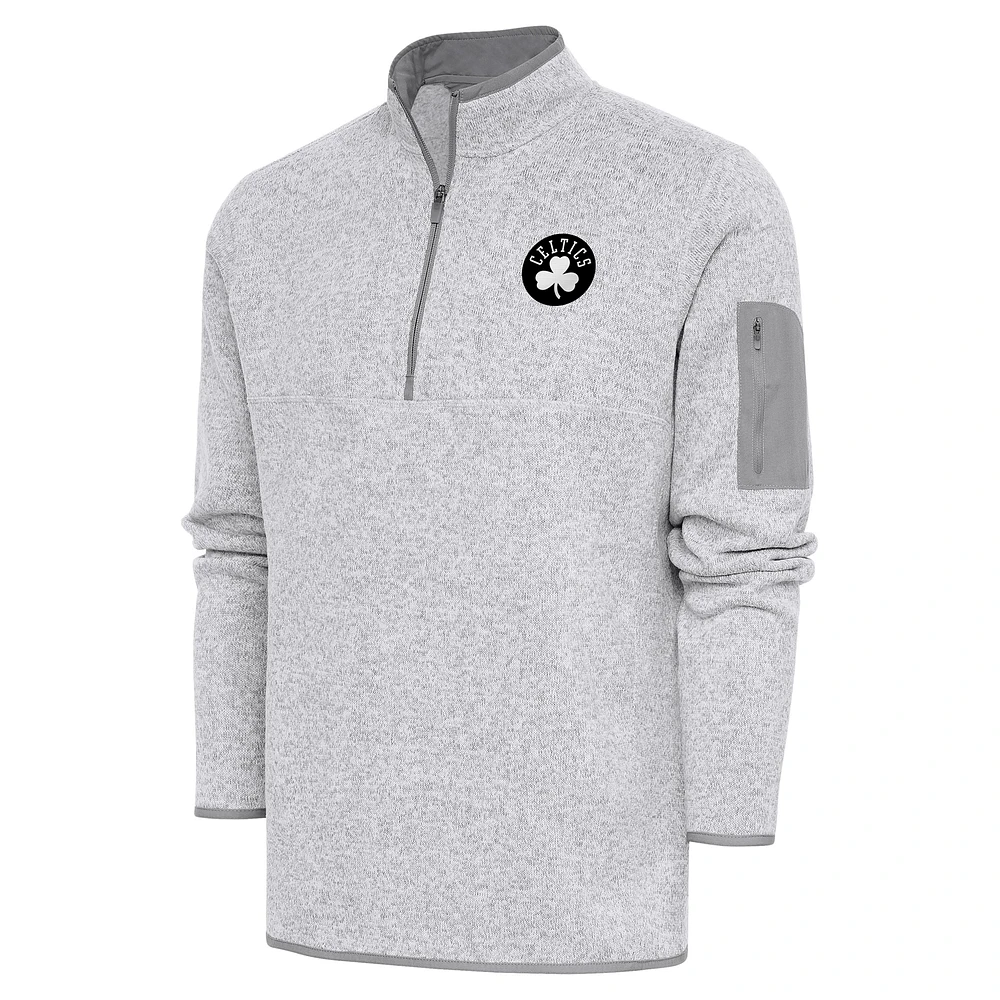 Men's Antigua Heather Gray Boston Celtics Metallic Logo Fortune Quarter-Zip Jacket
