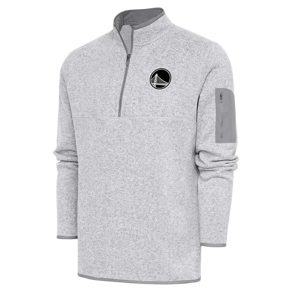Men's Antigua Heather Gray Golden State Warriors Metallic Logo Fortune Quarter-Zip Jacket