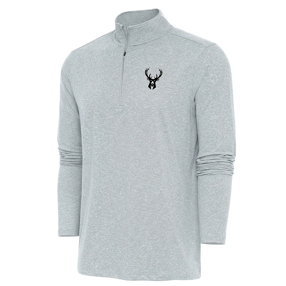Men's Antigua Heather Gray Milwaukee Bucks Hunk Quarter-Zip Top