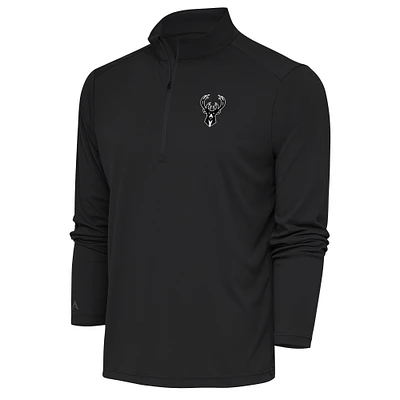 Men's Antigua Charcoal Milwaukee Bucks Metallic Logo Tribute Quarter-Zip Top