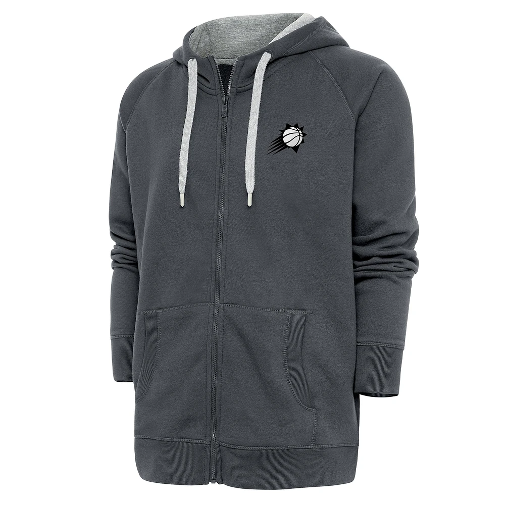 Men's Antigua Charcoal Phoenix Suns Metallic Logo Victory Raglan Full-Zip Hoodie