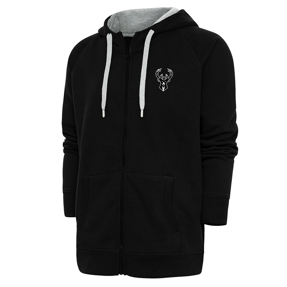 Men's Antigua Black Milwaukee Bucks Metallic Logo Victory Raglan Full-Zip Hoodie