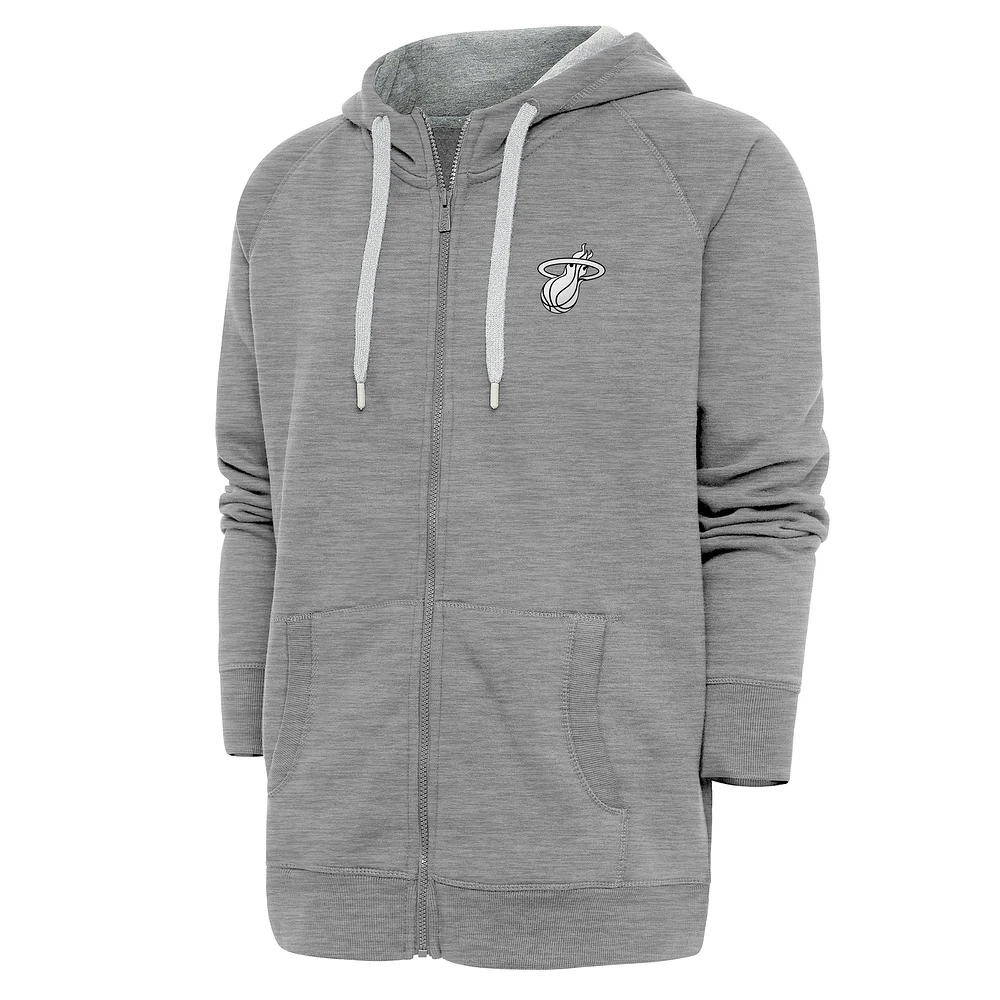 Men's Antigua Heather Gray Miami Heat Metallic Logo Victory Raglan Full-Zip Hoodie