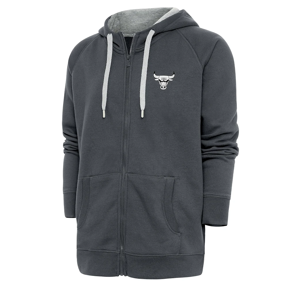 Men's Antigua Charcoal Chicago Bulls Metallic Logo Victory Raglan Full-Zip Hoodie