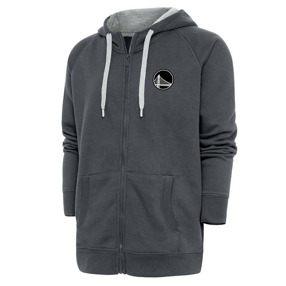 Men's Antigua Charcoal Golden State Warriors Metallic Logo Victory Raglan Full-Zip Hoodie