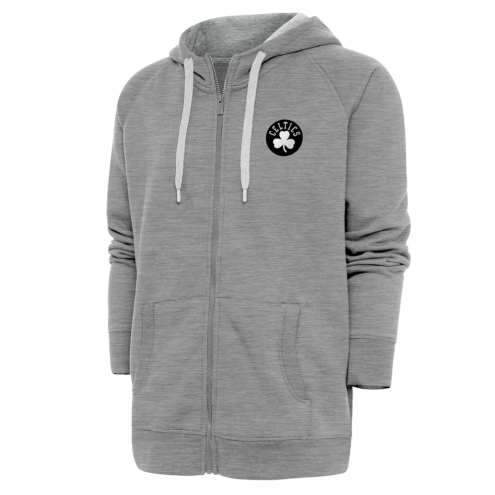 Men's Antigua Heather Gray Boston Celtics Metallic Logo Victory Raglan Full-Zip Hoodie