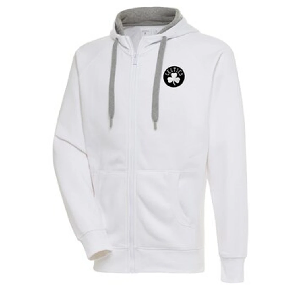 Men's Antigua Boston Celtics Metallic Logo Victory Raglan Full-Zip Hoodie