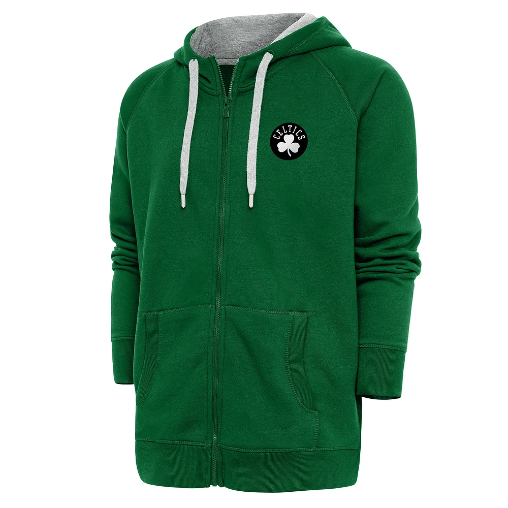 Men's Antigua Kelly Green Boston Celtics Metallic Logo Victory Raglan Full-Zip Hoodie
