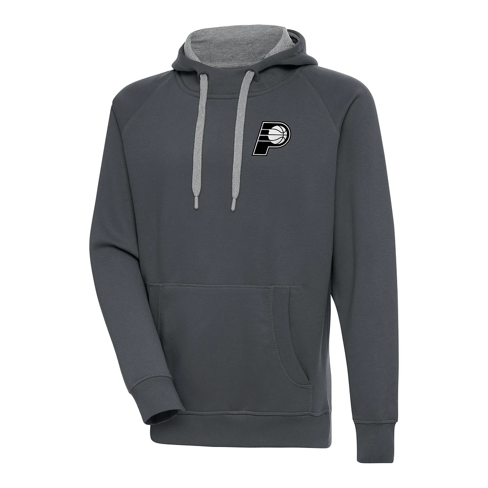 Men's Antigua Charcoal Indiana Pacers Metallic Logo Victory Raglan Pullover Hoodie