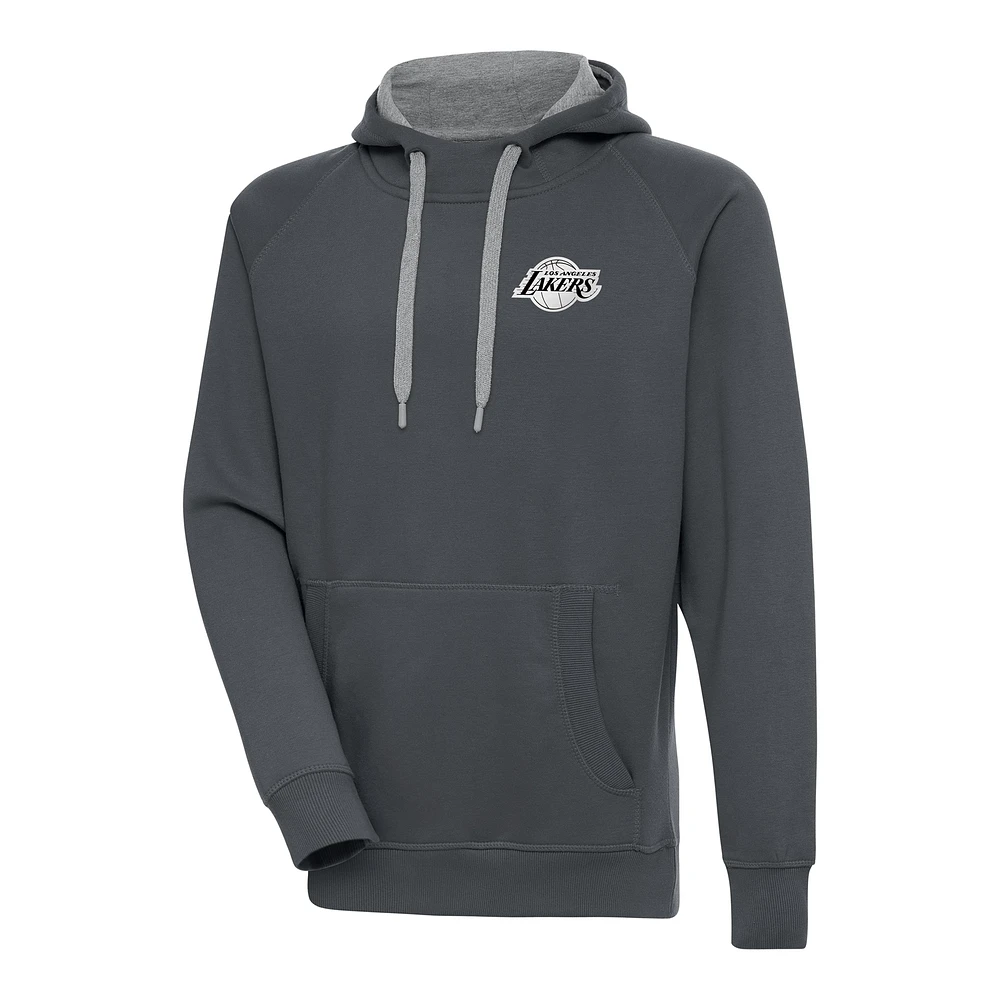 Men's Antigua Charcoal Los Angeles Lakers Metallic Logo Victory Raglan Pullover Hoodie