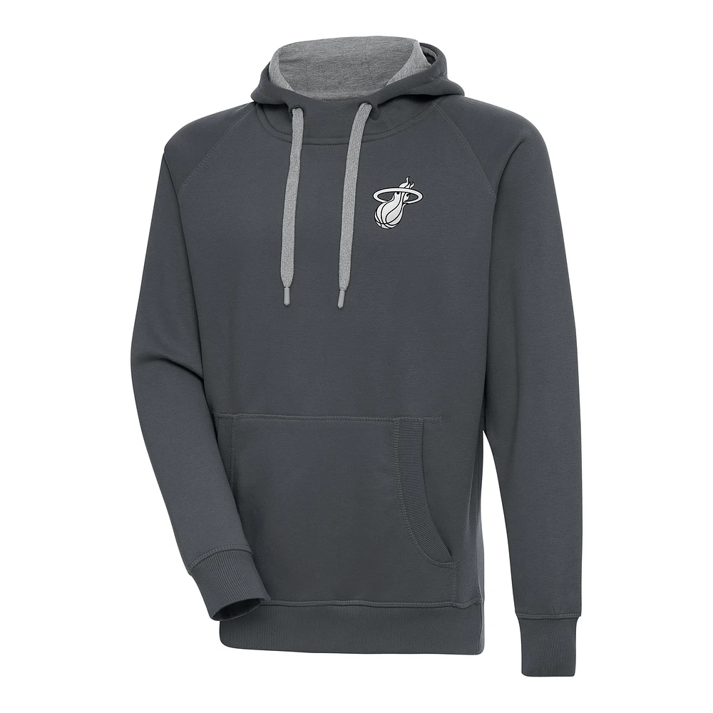 Men's Antigua Charcoal Miami Heat Metallic Logo Victory Raglan Pullover Hoodie