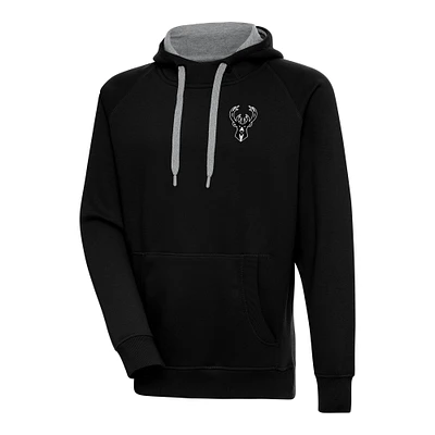 Men's Antigua Black Milwaukee Bucks Metallic Logo Victory Raglan Pullover Hoodie