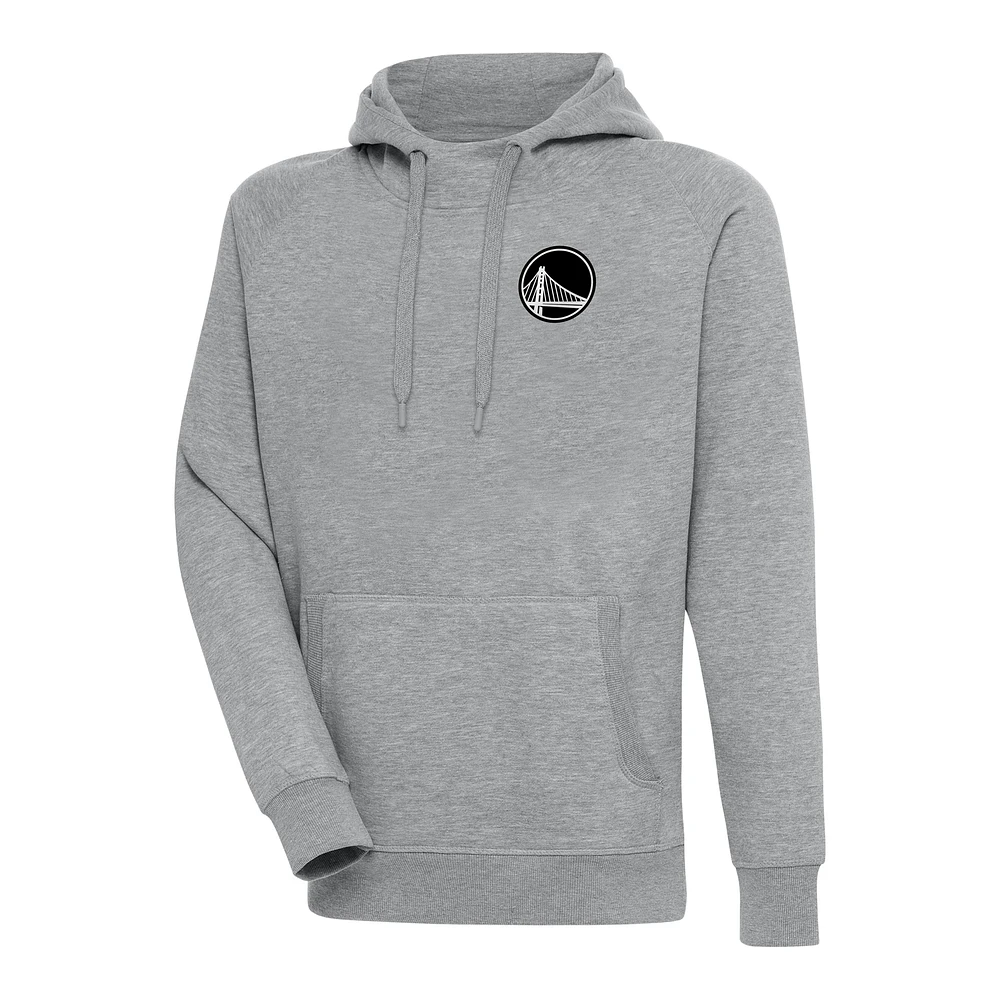 Men's Antigua Heather Gray Golden State Warriors Metallic Logo Victory Raglan Pullover Hoodie