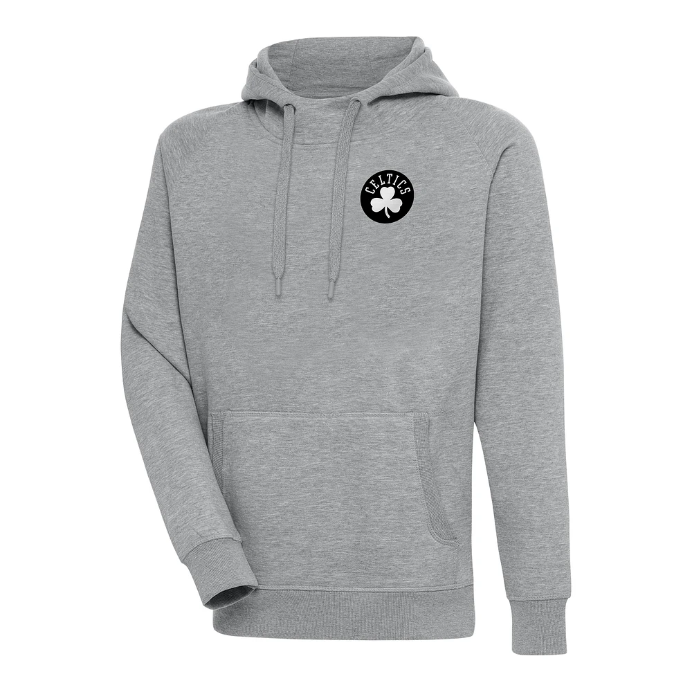 Men's Antigua Heather Gray Boston Celtics Metallic Logo Victory Raglan Pullover Hoodie