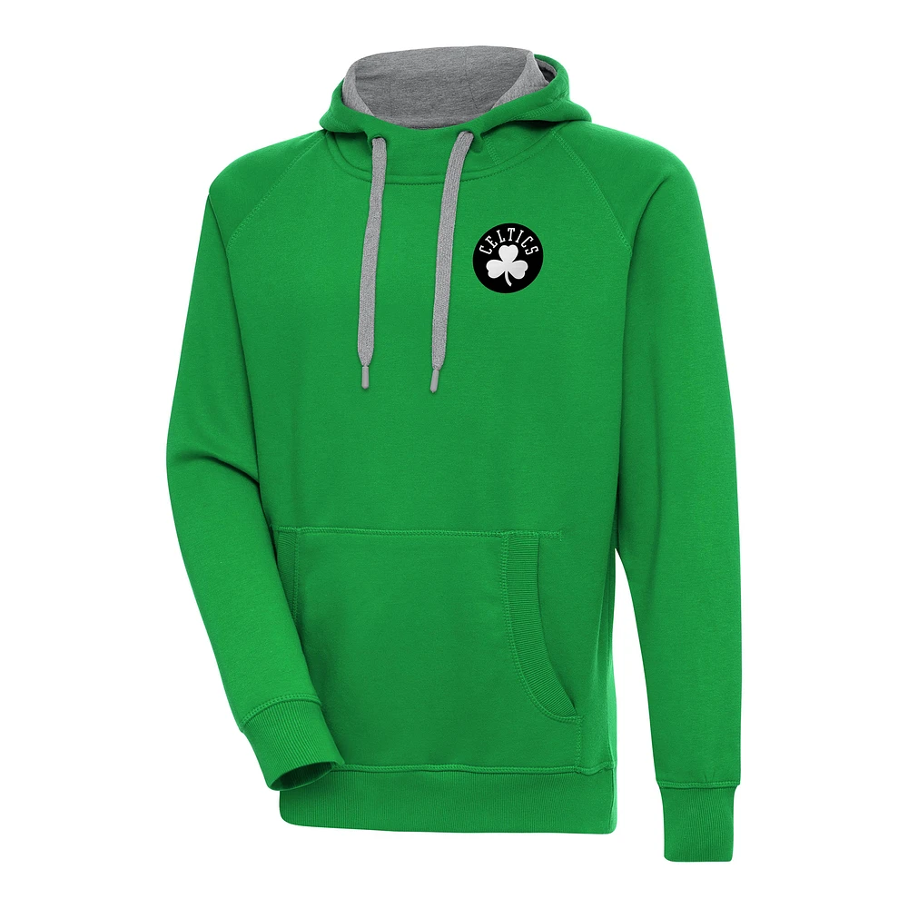 Men's Antigua Kelly Green Boston Celtics Metallic Logo Victory Raglan Pullover Hoodie