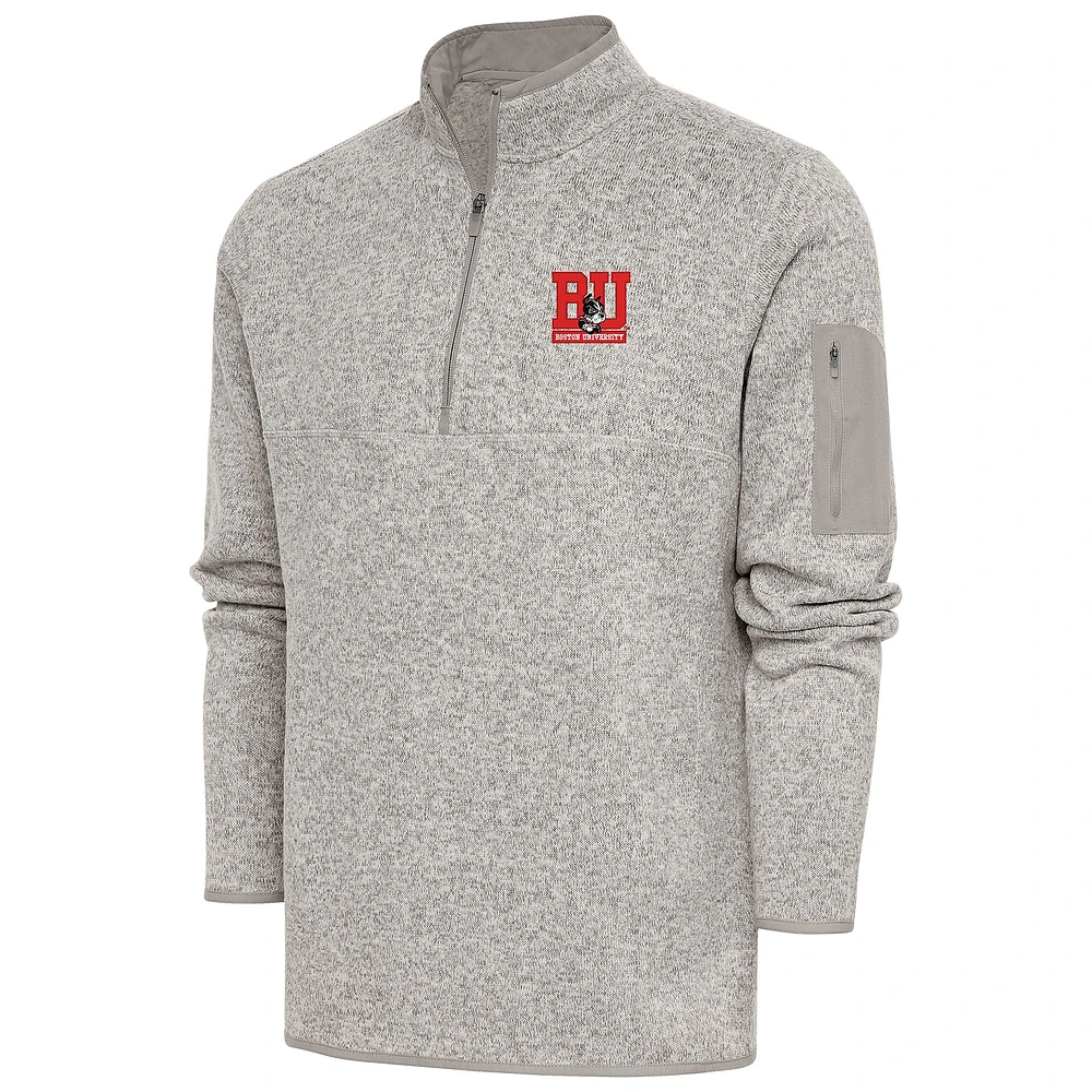 Men's Antigua Oatmeal Boston University Fortune Quarter-Zip Pullover Jacket