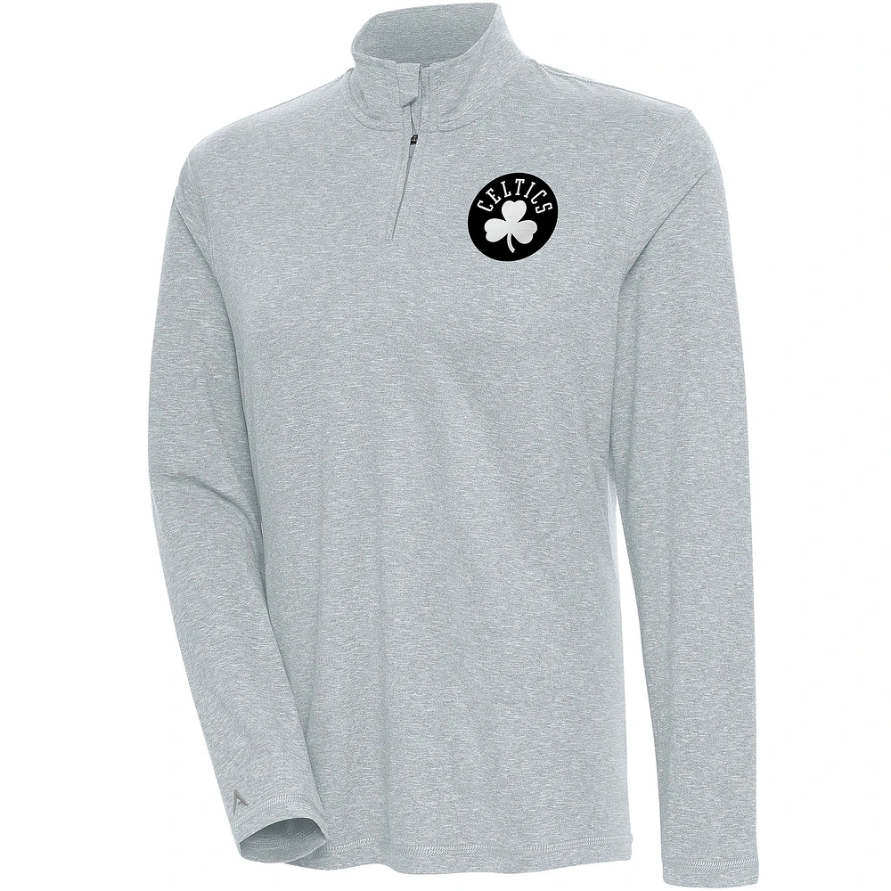 Women's Antigua Heather Gray Boston Celtics Brushed Metallic Comfort Quarter-Zip Pullover Top