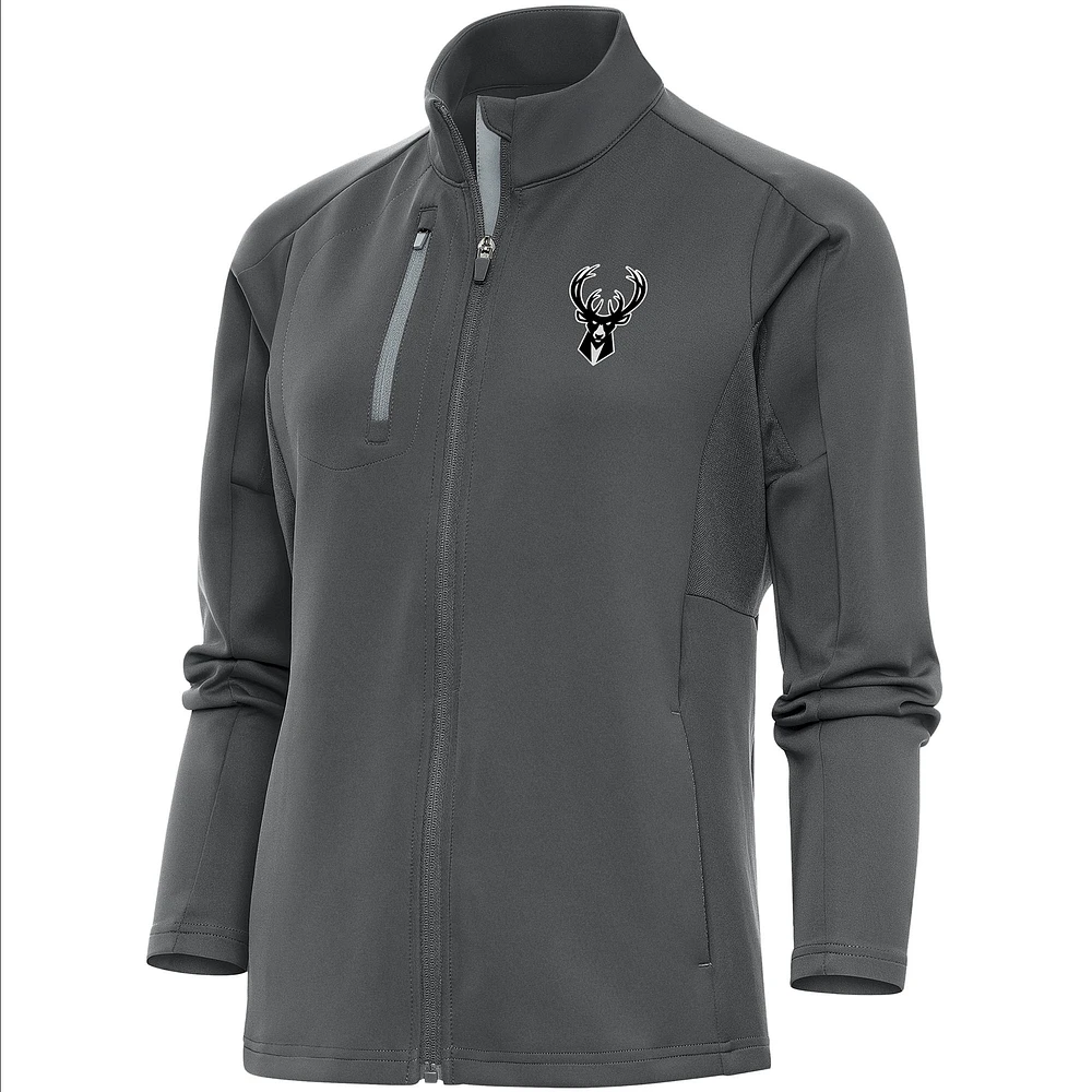 Women's Antigua Charcoal Milwaukee Bucks Brushed Metallic Generation Full-Zip Jacket