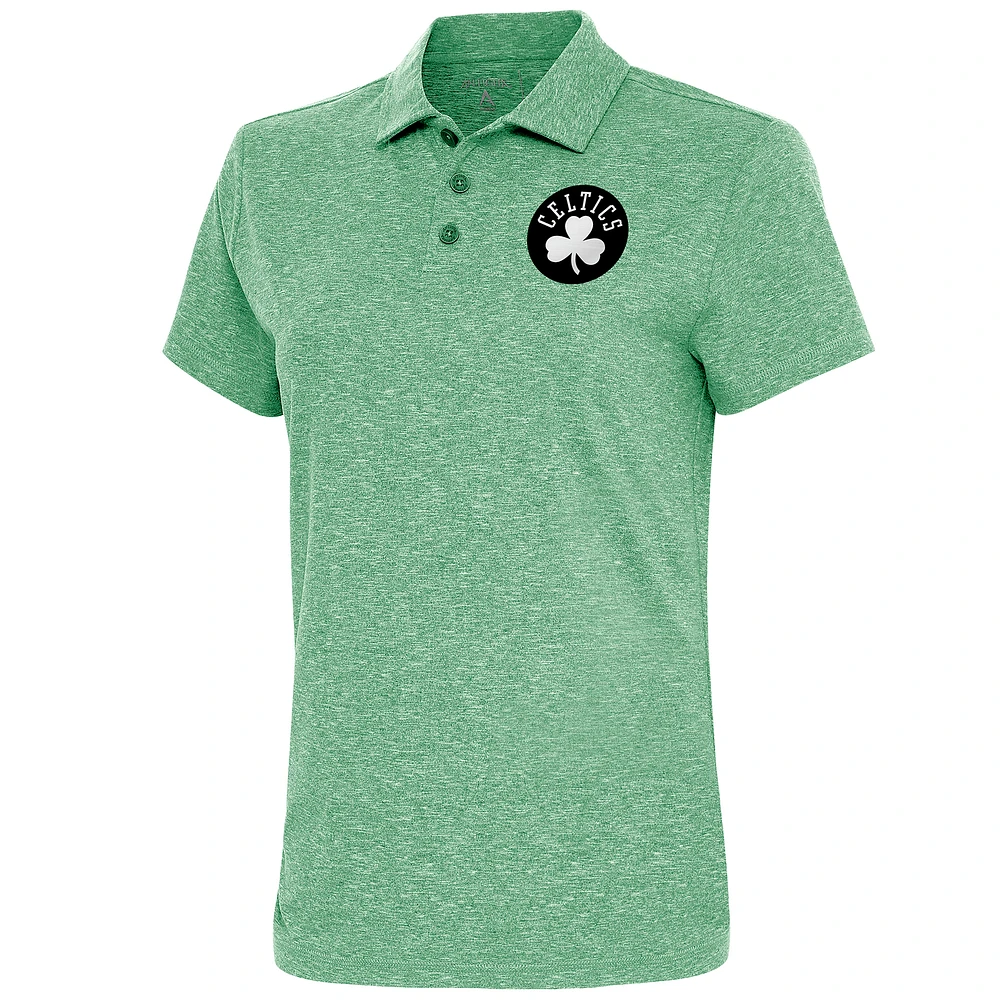 Women's Antigua Heather Kelly Green Boston Celtics Brushed Metallic Motivated Polo