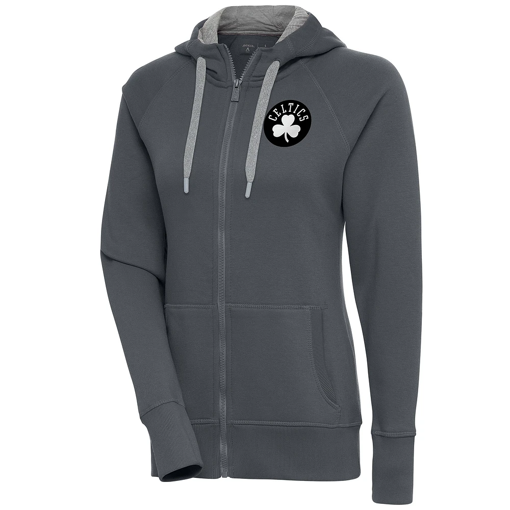 Women's Antigua Charcoal Boston Celtics Brushed Metallic Victory Full-Zip Hoodie