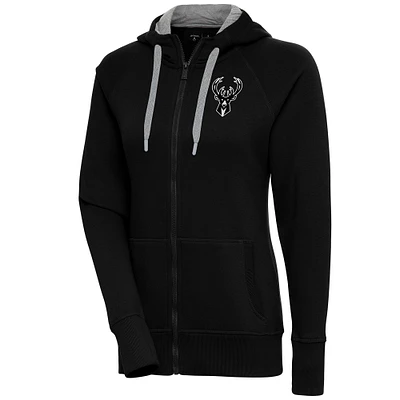 Women's Antigua Black Milwaukee Bucks Brushed Metallic Victory Full-Zip Hoodie
