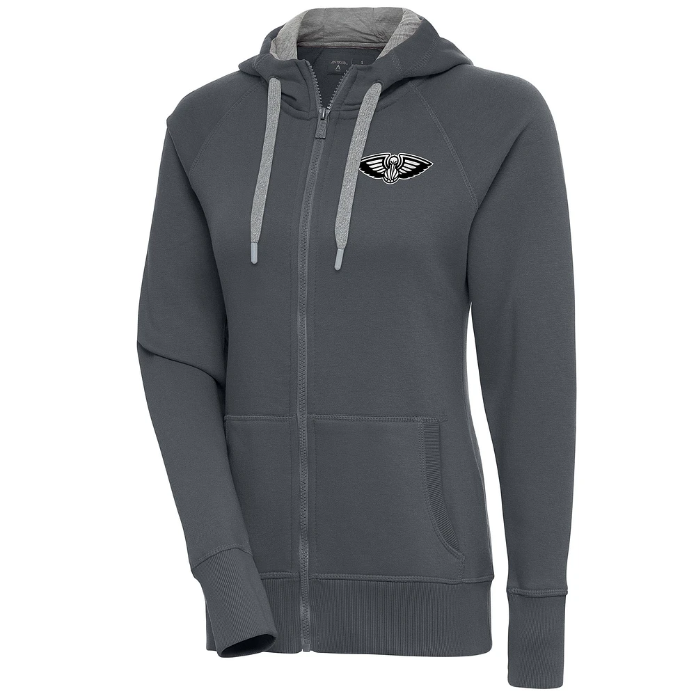 Women's Antigua Charcoal New Orleans Pelicans Brushed Metallic Victory Full-Zip Hoodie