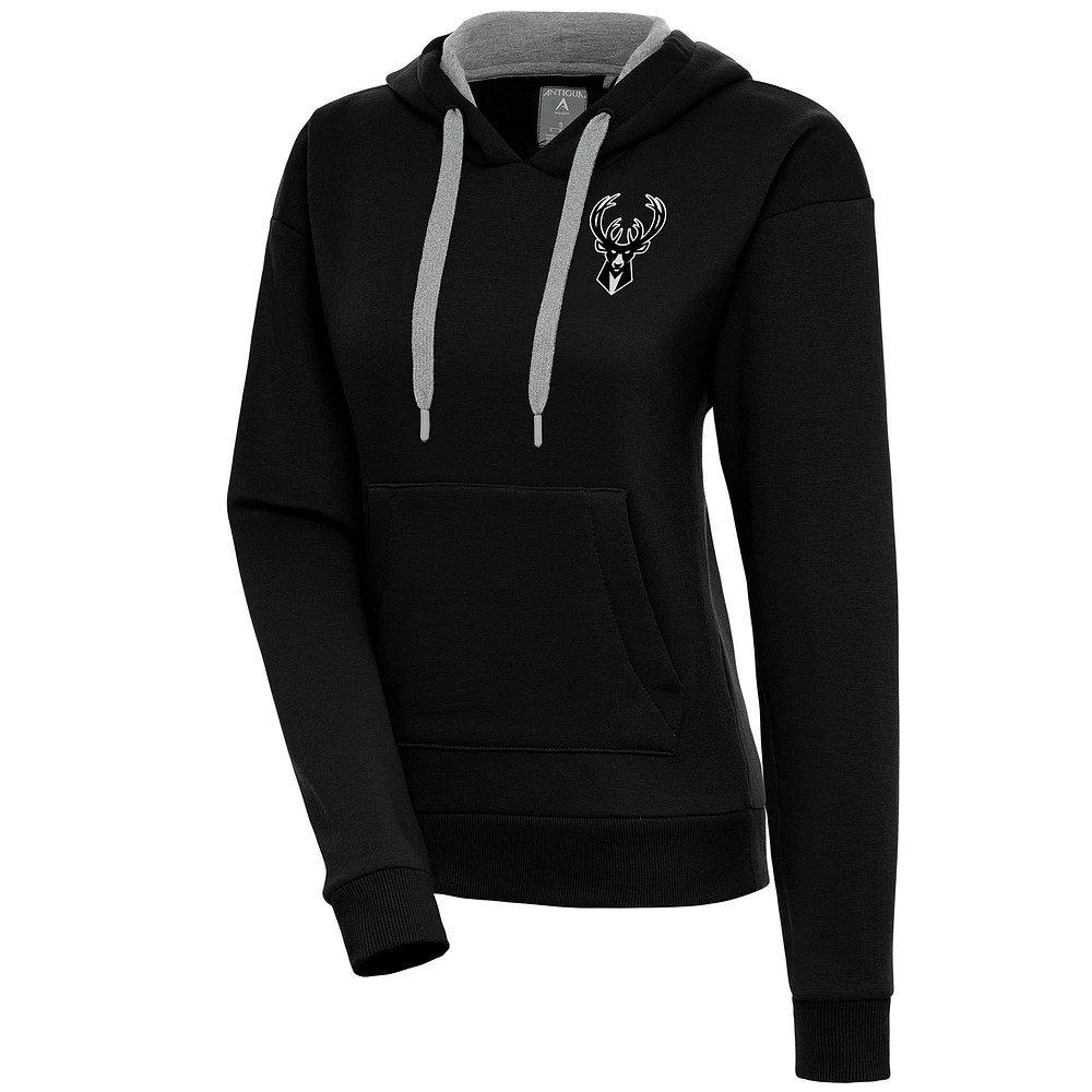 Women's Antigua Black Milwaukee Bucks Brushed Metallic Victory Pullover Hoodie