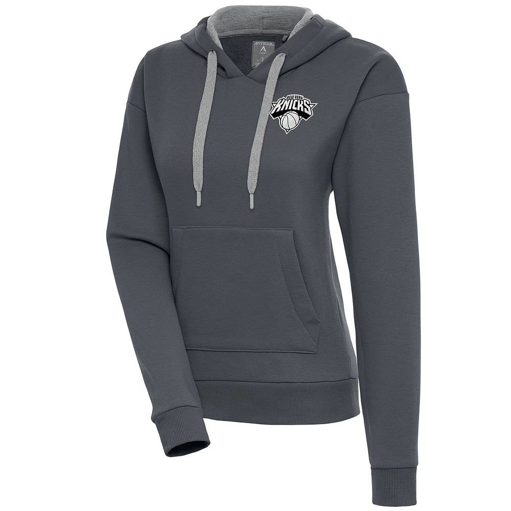 Women's Antigua Charcoal New York Knicks Brushed Metallic Victory Pullover Hoodie