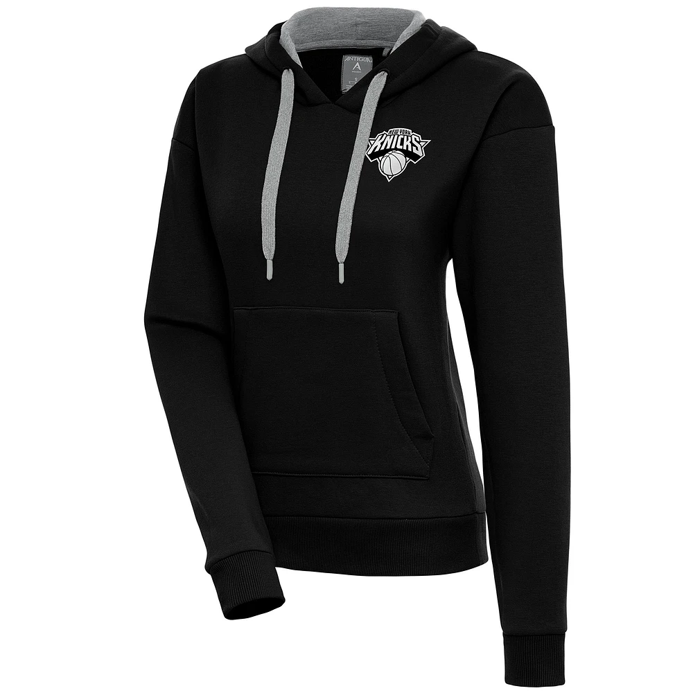 Women's Antigua Black New York Knicks Brushed Metallic Victory Pullover Hoodie