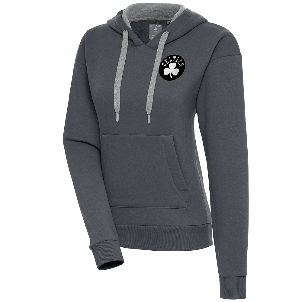 Women's Antigua Charcoal Boston Celtics Brushed Metallic Victory Pullover Hoodie