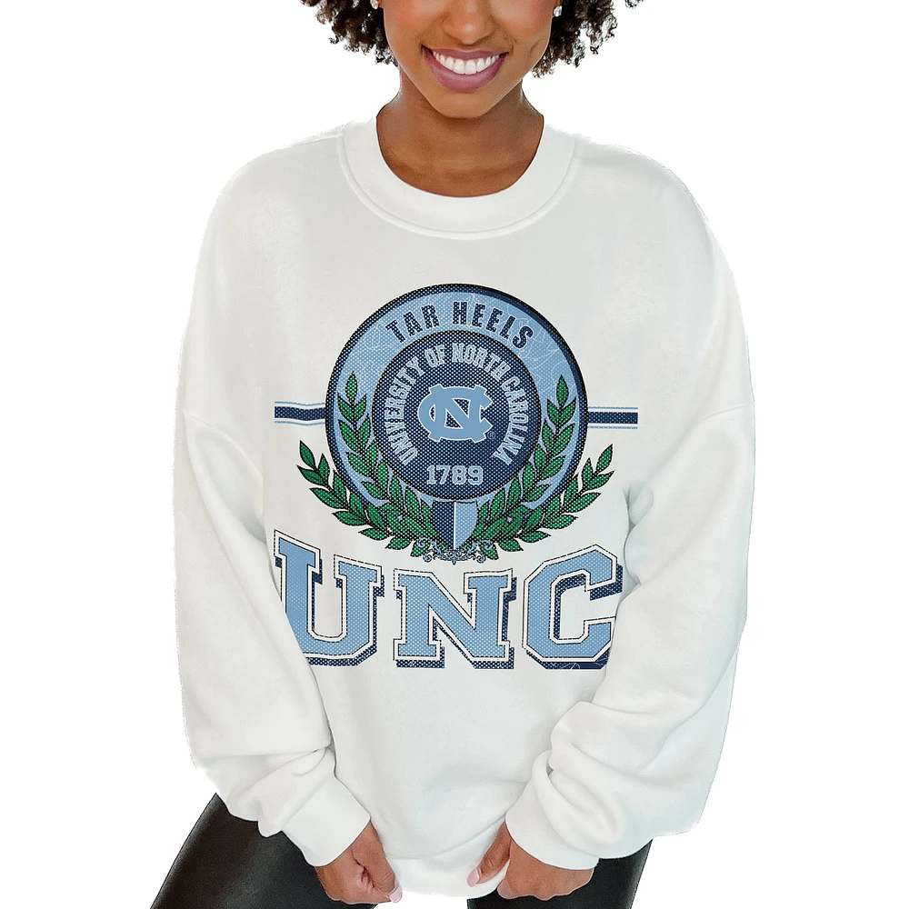 Women's Gameday Couture White North Carolina Tar Heels Hot Shot Fleece Pullover Sweatshirt