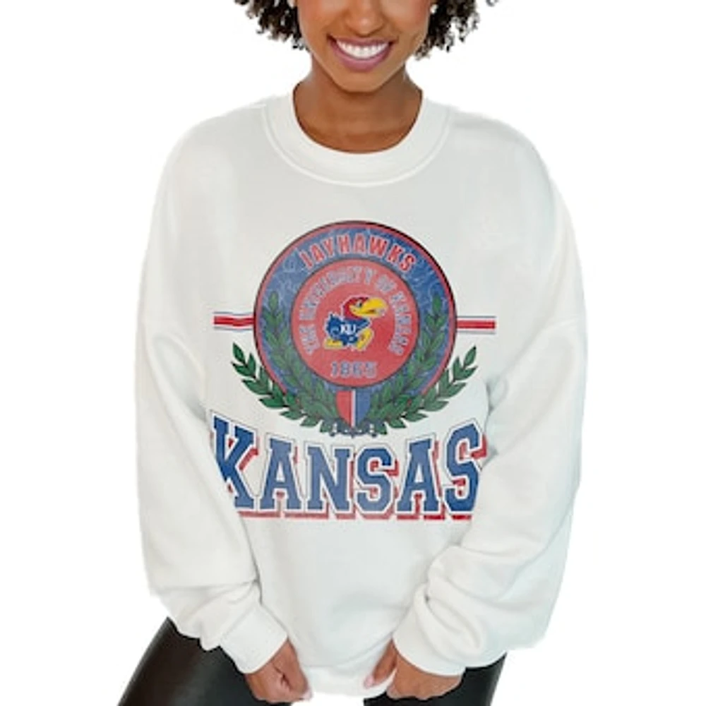 Women's Gameday Couture White Kansas Jayhawks Hot Shot Fleece Pullover Sweatshirt