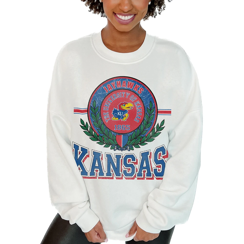 Women's Gameday Couture White Kansas Jayhawks Hot Shot Fleece Pullover Sweatshirt