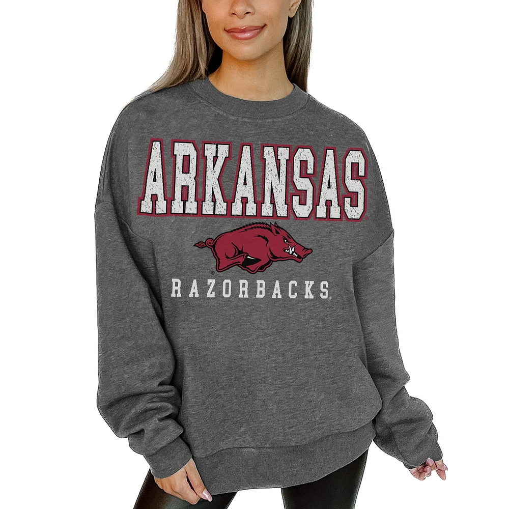 Women's Gameday Couture Heather Charcoal Arkansas Razorbacks Oversized Distressed Fleece Pullover Sweatshirt
