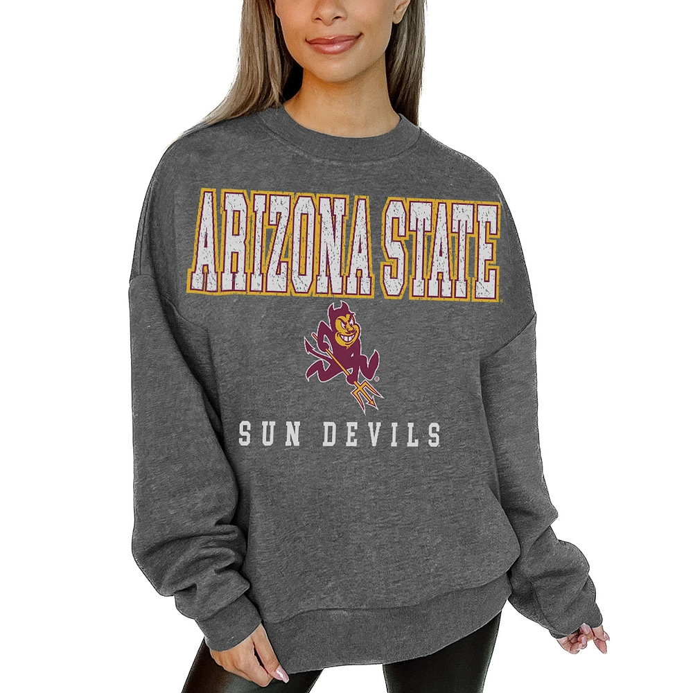 Women's Gameday Couture Heather Charcoal Arizona State Sun Devils Oversized Distressed Fleece Pullover Sweatshirt