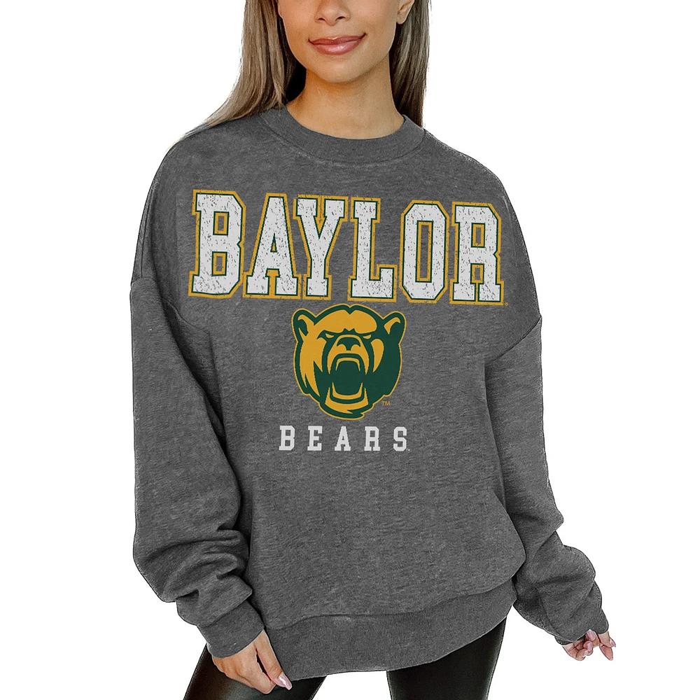 Women's Gameday Couture Heather Charcoal Baylor Bears Oversized Distressed Fleece Pullover Sweatshirt