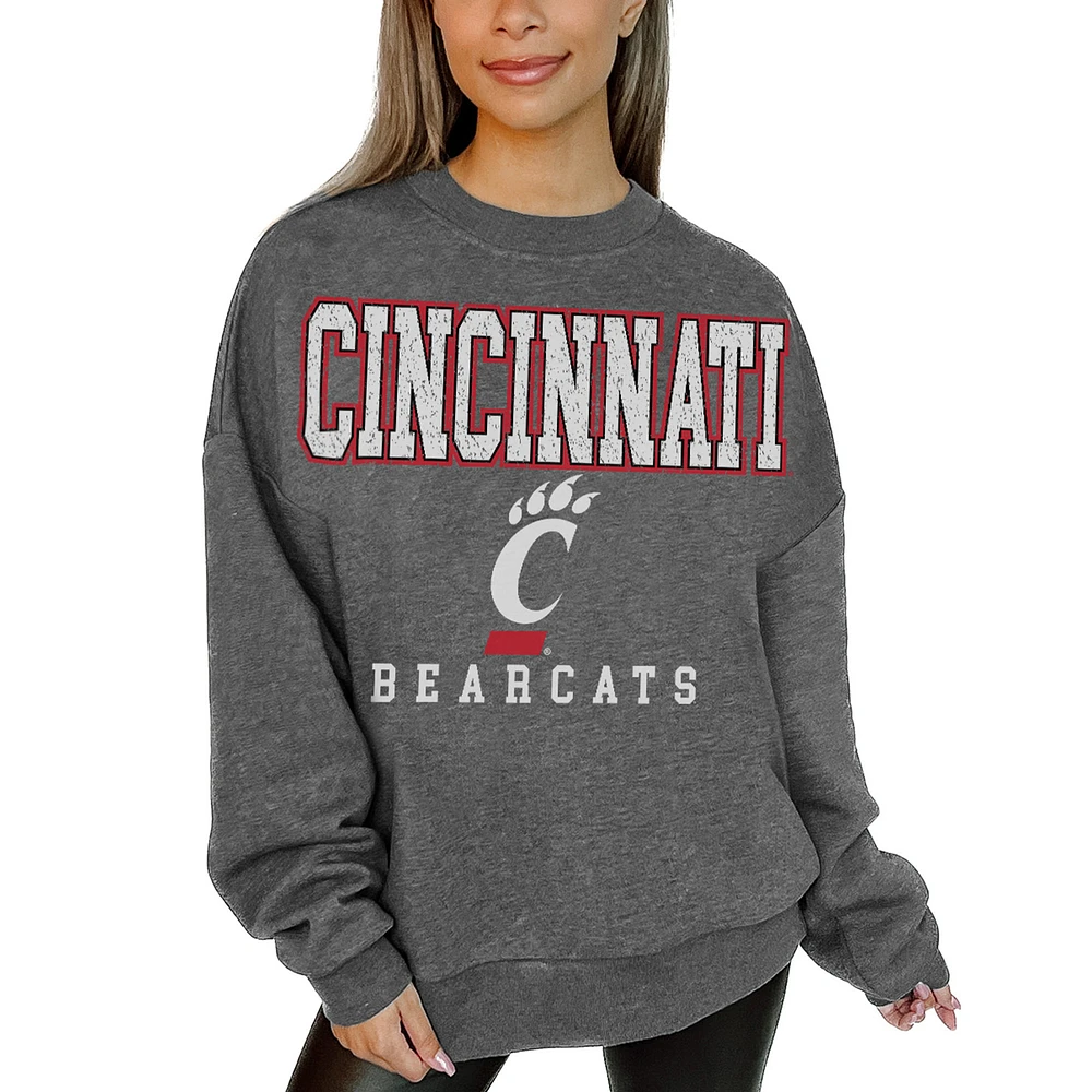 Women's Gameday Couture Heather Charcoal Cincinnati Bearcats Oversized Distressed Fleece Pullover Sweatshirt