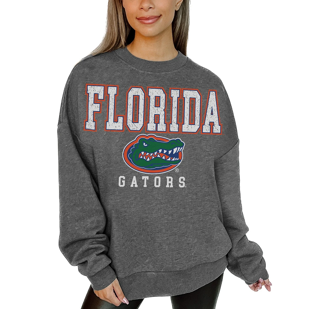 Women's Gameday Couture Heather Charcoal Florida Gators Oversized Distressed Fleece Pullover Sweatshirt