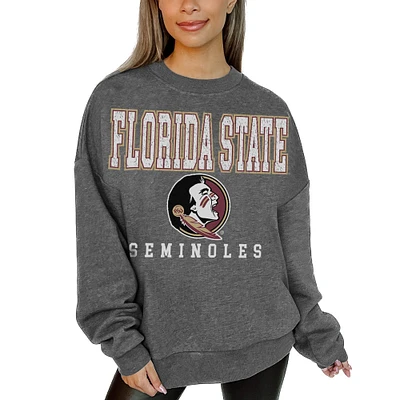 Women's Gameday Couture Heather Charcoal Florida State Seminoles Oversized Distressed Fleece Pullover Sweatshirt
